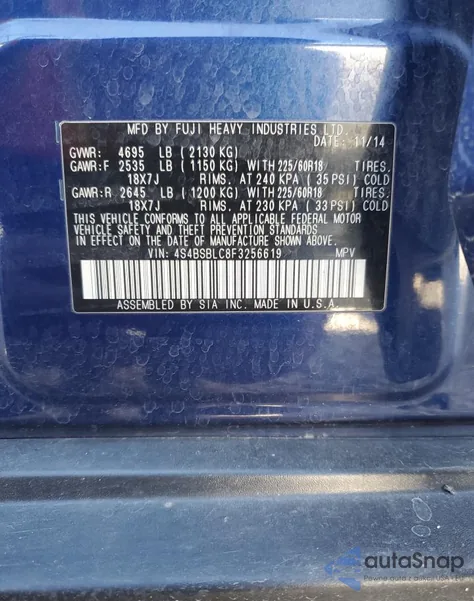 2015 Subaru Outback 2.5I Limited from USA, damaged, VIN 4S4BSBLC8F3256619